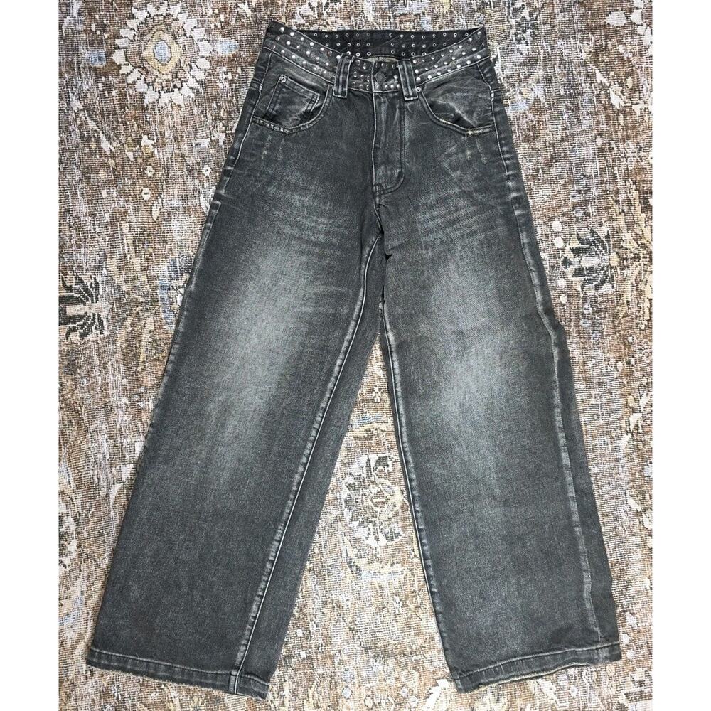 Jaded London Studded Low Rise Colossus Jeans Y2K Grunge Baggy Black Gray 26